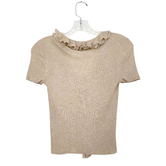 J. Crew Tan Short Sleeve Silk/Cashmere Ruffle-Front Knit Top - Picture 2 of 4